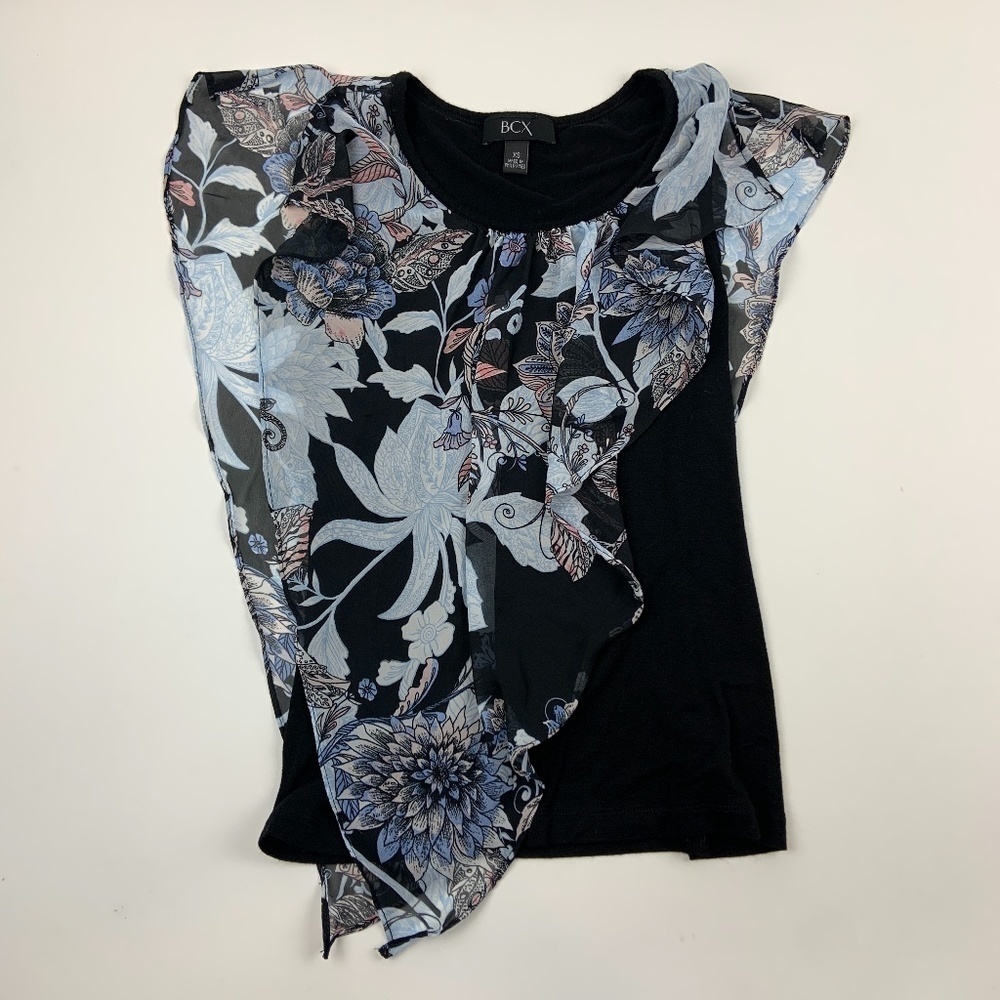 Bcx Blouse Womens XS Round Neck Sleeveless Black Blue